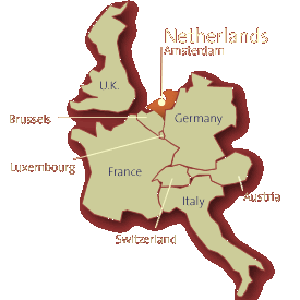 map of europe highlighting amsterdam's location in the netherlands and the netherlands' location in northern europe